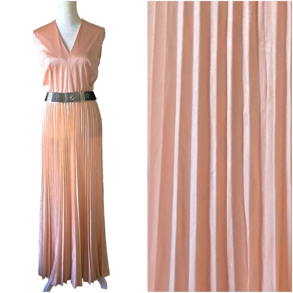 Vintage Dresses & Skirts - Vintage 1970s Peach Accordion Maxi Dress + Belt, S/M, Party, Casual